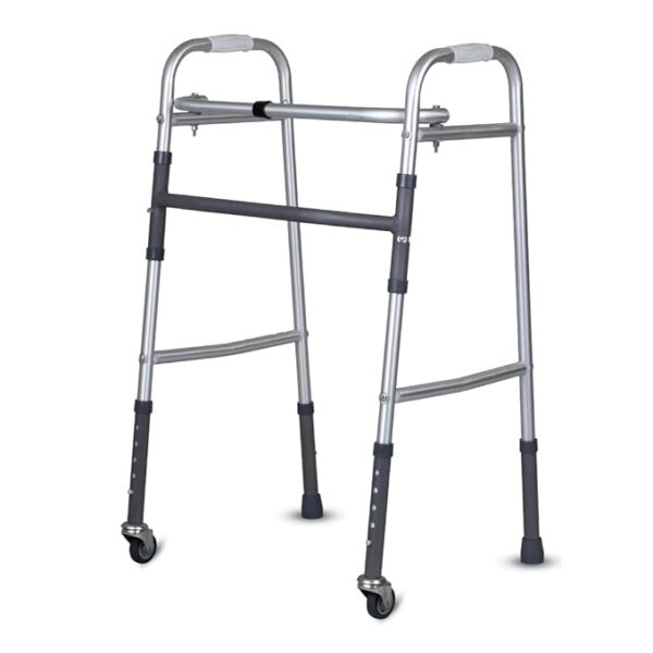 Vissco Dura Lite Aluminium Walker with Wheels, Foldable, Light Weight & Height Adjustable Walking Aid - Made with Premium Grade Rubber Shoes and PVC Grip-Universal (Grey)
