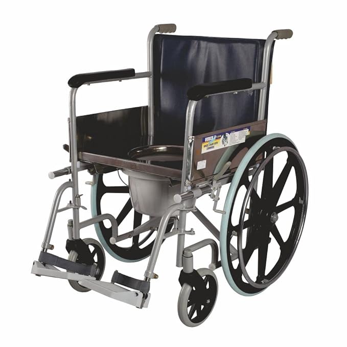 615E2yIjwaL._SX679_ Vissco Comfort Wheelchair with Commode, Foldable, Fixed Armrest and Removable Footrest, Washable Plastic Bucket, for Elderly and Physically Challenged, Weight Capacity 110kg (Universal, Grey) - Image 1