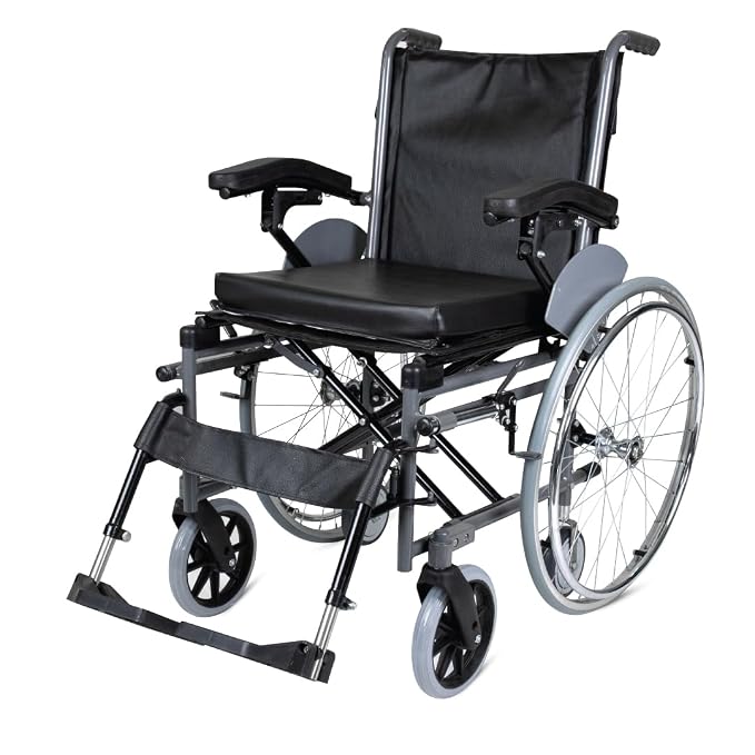 61D4QmrpC0L._SX679_ Vissco Imperio Wheelchair with Removable Big Wheels (Spoke), Foldable, Swingable Armrest, Weight Bearing Capacity 110kg, Color (Blue/Grey) - Image 1